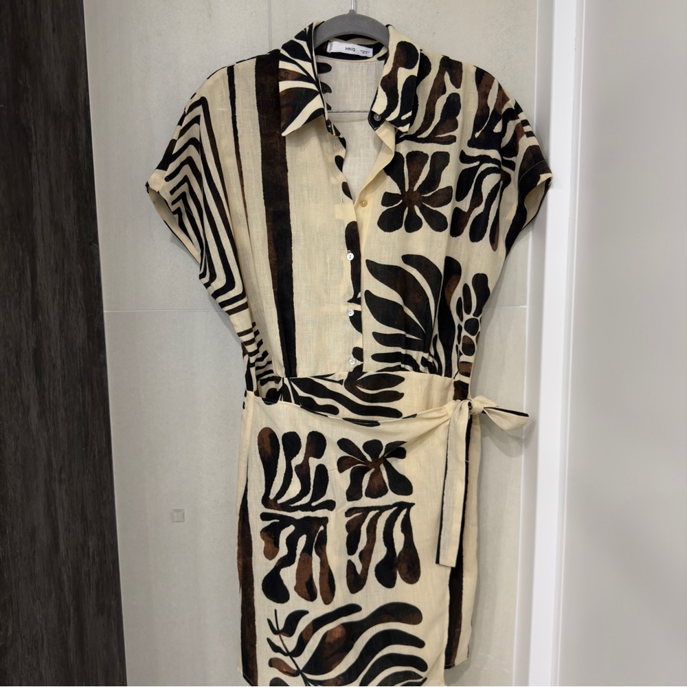 Mango Cream & Brown Printed Button-Front Tie-Waist Midi Dress